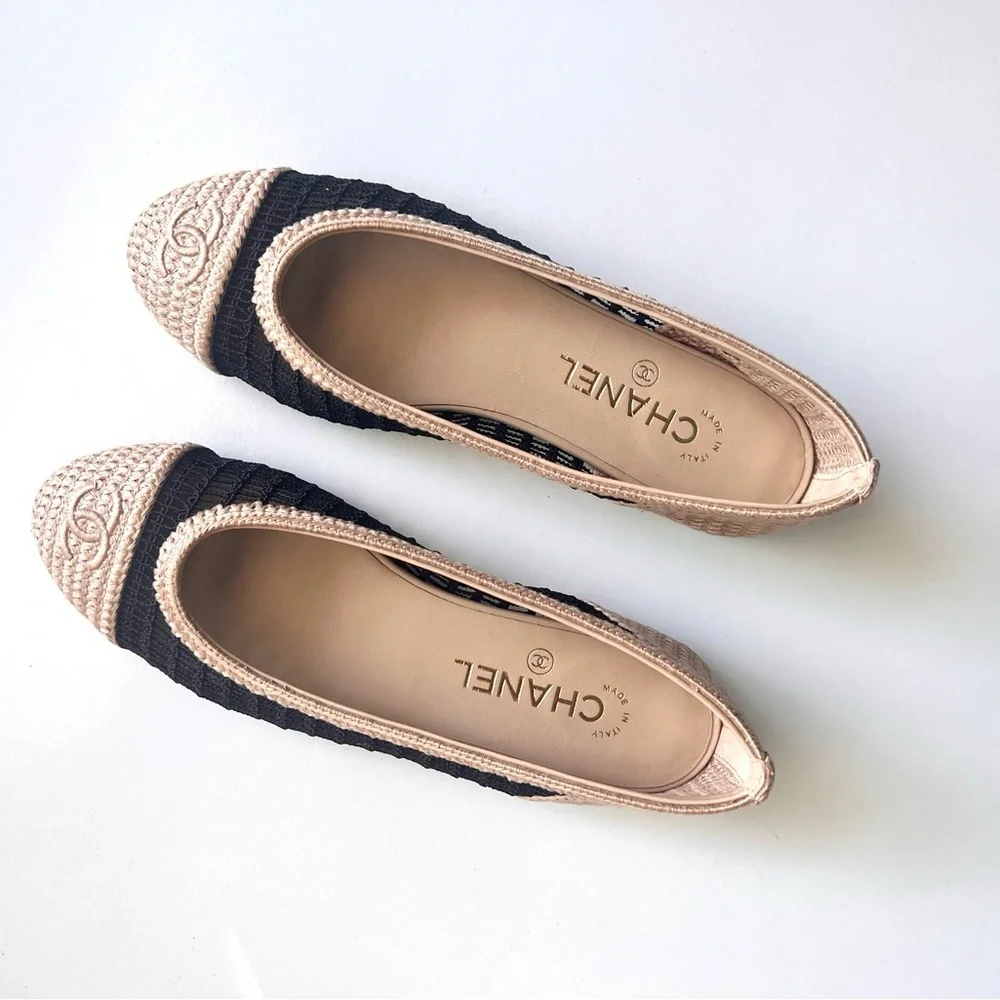 🔥 CHANEL Raffia Cap Toe Ballerina Flats